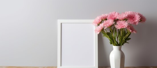 Vase filled with beautiful flowers next to a white frame mockup on a gray wall, offering a vertical design layout with text space