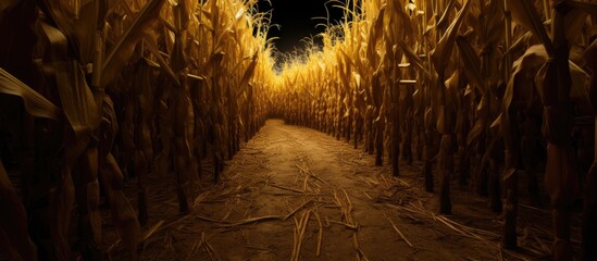 Navigating through a creepy corn maze with tall stalks and a dimly lit path leads to a reassuring light at the end