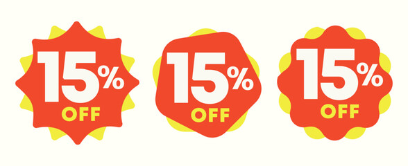 15% off. Special offer sticker, label, tag. Value discount poster, price. Shapes in yellow and red. Marketing for promotion, discount, sales, store, retail, mall. Icon, vector, symbol