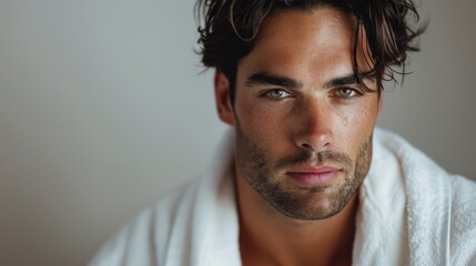 Obraz premium A close-up of a man with a towel draped over his shoulders showcasing a chiseled jawline full lips and a gaze that suggests confidence and allure.