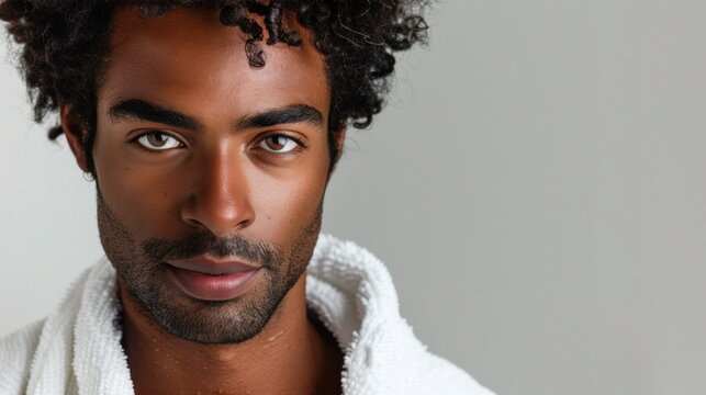 Man with curly hair intense gaze and a hint of a beard wrapped in a white towel against a neutral background.