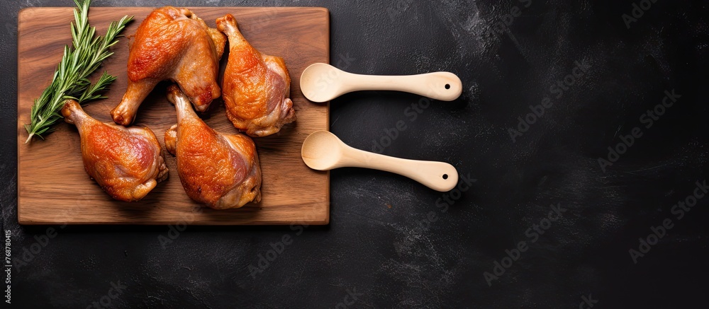 Aufkleber Fresh raw duck drumsticks arranged on a rustic wooden cutting board, set against a dark grey background in a top view flat lay style