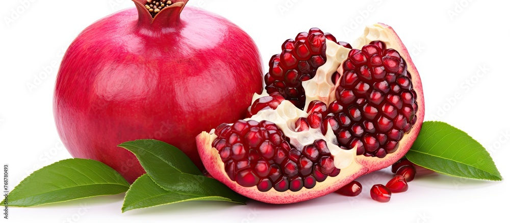 Poster a single ripe pomegranate fruit segment with its vibrant red seeds and green leaves, displayed on a 