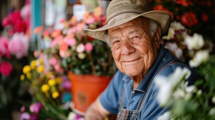 A smiling elderly man with a hat wearing overalls sitting amidst a vibrant array of colorful flowers.