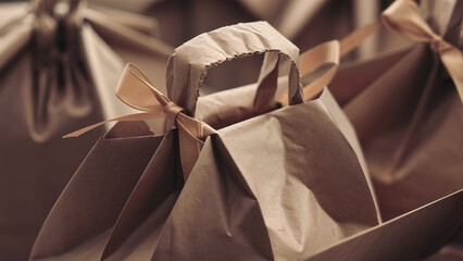 Detail view of a bundle of folded brown paper bags
