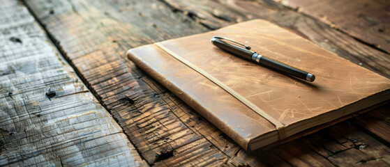 Naklejka premium Evocative composition of a classic leather-bound journal and pen on rustic wooden surface.