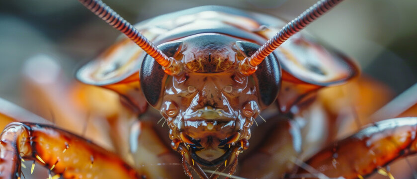 Extreme close-up of a vibrant Madagascar hissing cockroach on a smooth surface.