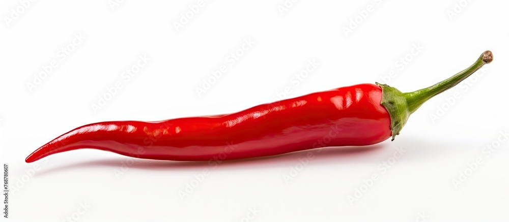 Poster a vibrant red chili pepper is placed on a clean white surface, creating a striking contrast in color