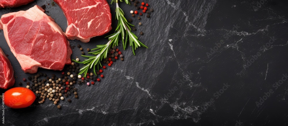 Poster organic beef or lamb meat placed on a black slate board, accompanied by spices and fresh tomatoes, v