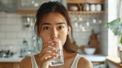 A young woman with dark hair drinking water from a clear glass standing in a modern kitchen with white tiles and wooden accents.