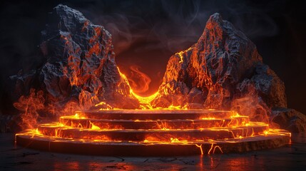 podium lava igneous rock stone hot magma concept stand product display cosmetic skincare male manly molten crust danger texture eruption volcanic melting cracks flame heat scorch. 3D Illustration.
