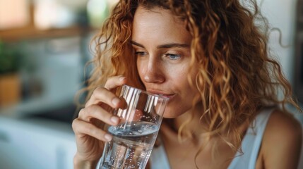 A woman with curly hair drinking water from a glass. - obrazy, fototapety, plakaty