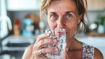 Woman with blue eyes and blonde hair drinking water from a glass in a kitchen setting.