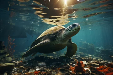 Tuinposter Underwater Journey of a Sea Turtle Amidst Ocean Pollution Banner © Алинка Пад