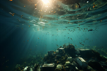 Underwater Serenity: Sunlight Piercing Through Aquatic Banner of Life and Rocks