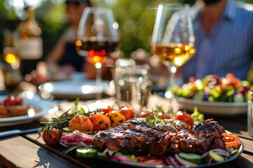 Summertime dinners in the backyard feature salads and grilled BBQ meat. Generative Ai