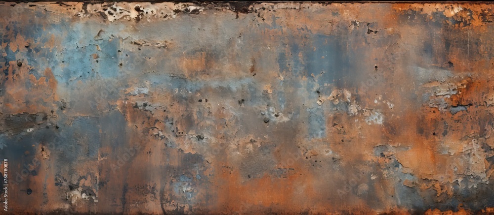 Poster detailed view showing a rusty metal surface with peeling paint and a defined black border, showcasin