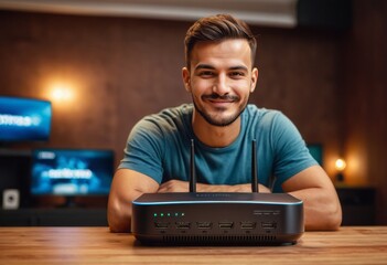 A man smiling at the camera with a wireless router on his desk, suggesting a home office setup or IT work. - obrazy, fototapety, plakaty