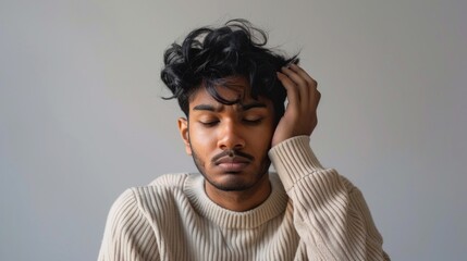 Man with dark hair closed eyes and hand on head wearing a light-colored sweater in a contemplative pose against a neutral background.