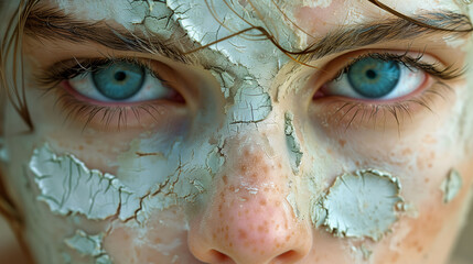Close-up of a person with striking blue eyes and cracked white paint on their face, creating a dramatic and artistic texture.