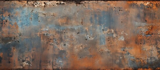 Detailed view showing a rusty metal surface with peeling paint and a defined black border, showcasing a weathered and aged appearance - obrazy, fototapety, plakaty