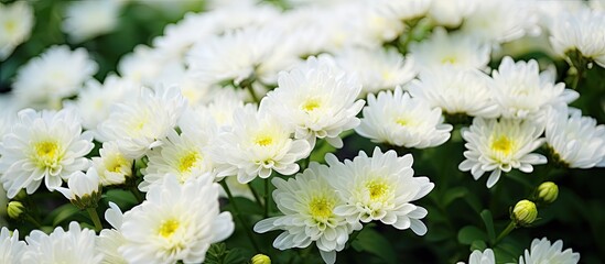 Numerous white chrysanthemum flowers blooming in a beautiful garden, creating a picturesque landscape of ornamental blooms - obrazy, fototapety, plakaty