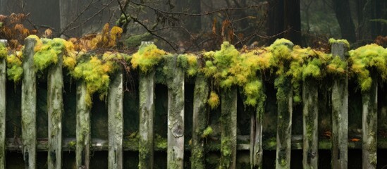 Old weathered wooden fence adorned with green moss and lichen, standing in the rain