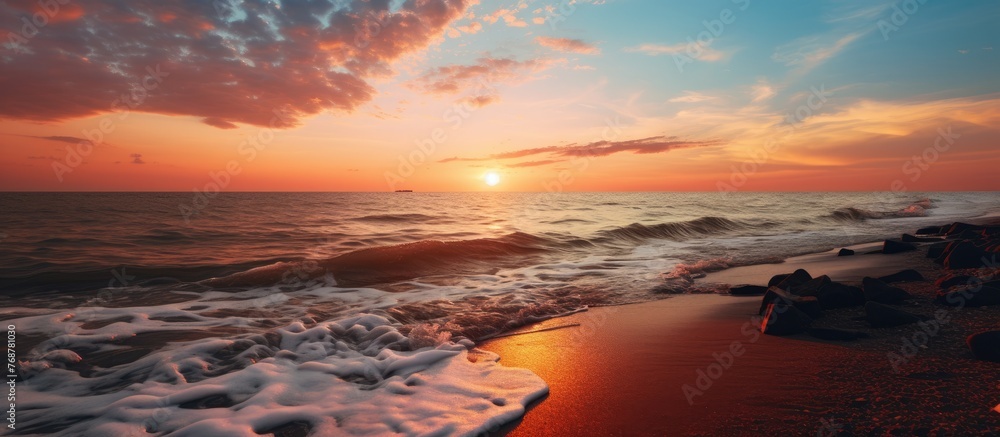 Poster scenic view of the sun setting on the horizon where a river flows into the sea, with waves gently cr
