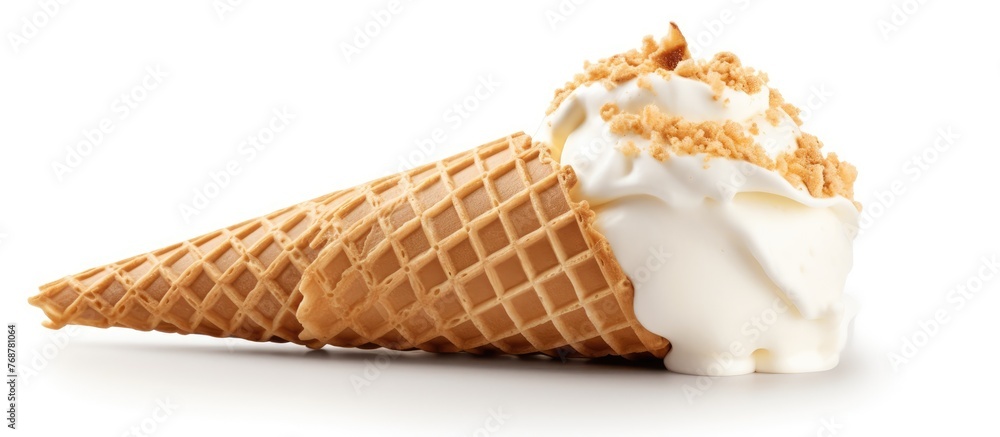 Poster a detailed close-up view of a waffle cone with a single scoop of creamy ice cream on top, against a 