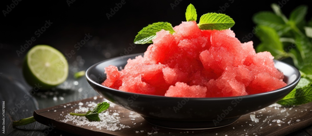 Aufkleber a detailed view of a bowl filled with watermelon slices garnished with vibrant mint leaves creating 