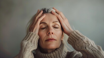 A woman with closed eyes pressing her hands against her temples wearing a beige turtleneck conveying a sense of stress or headache.