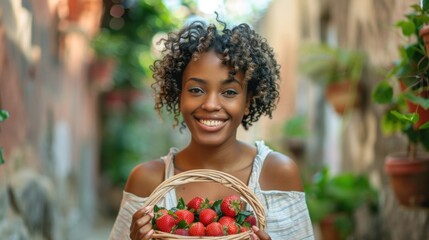 A joyful woman with curly hair wearing a white and blue striped top holding a basket of ripe strawberries standing amidst a lush garden with potted plants. - Powered by Adobe