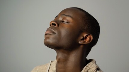 Obraz premium A young man with closed eyes looking up against a neutral background possibly in a moment of reflection or prayer.
