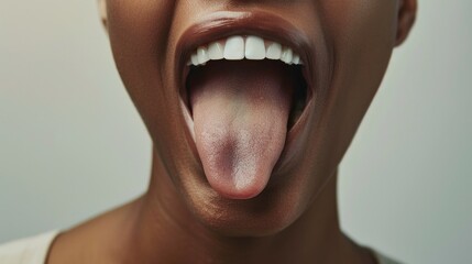 A close-up of a person's face with an open mouth showing teeth and tongue against a neutral background.