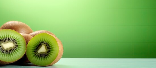 Two ripe kiwi fruits cut in half, displayed on a wooden table surface, showcasing their sweet and delicious green flesh - obrazy, fototapety, plakaty