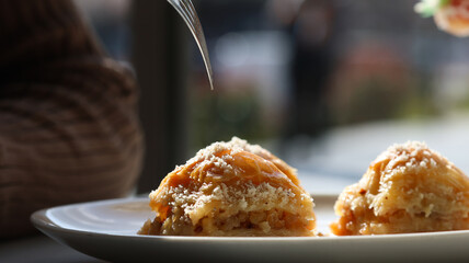 Delicious Sütlü Nuriye Dessert - Close-Up Shot with Tempting Presentation
This enticing close-up...