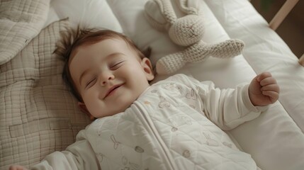 A baby with a serene smile peacefully sleeping on a soft bed with a white blanket accompanied by a soft toy.
