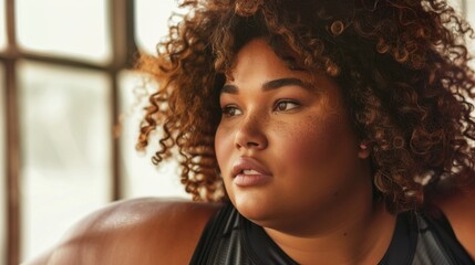 A woman with curly hair and freckles looking contemplative with a soft expression wearing a black top.