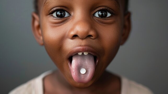 Young child with open mouth tongue out and pill on tongue looking directly at camera with curious expression.