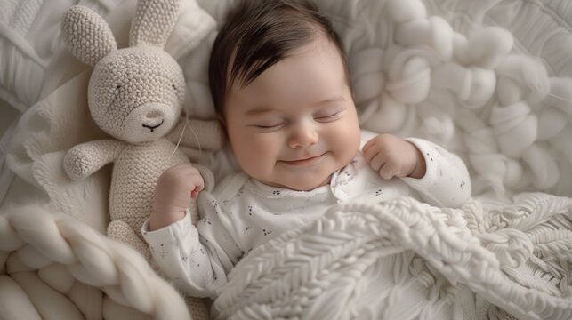 A serene image of a sleeping baby with a content smile nestled in a soft white blanket with a white knitted bunny toy resting on the baby's head creating a peaceful and adorable scene.