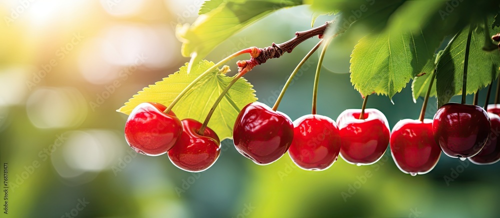 Poster clusters of ripe red cherries are hanging abundantly from the green leafy branches of a cherry tree