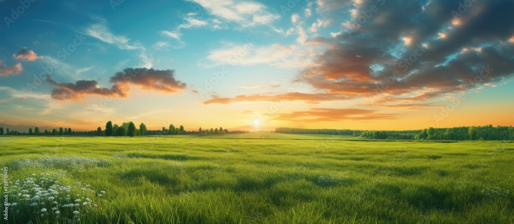 Aufkleber a serene sunset scene with the sun setting over a lush green field of tall grass, creating a peacefu