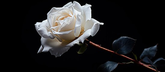 A delicate white rose with a green stem and leaves is showcased against a dramatic black background - obrazy, fototapety, plakaty