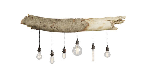 Wood Slab Pendant Chandelier. Rustic Hanging Lighting For Dining Room. Decorative antique edison style filament light bulbs. Realistic vintage glowing light bulbs - Powered by Adobe