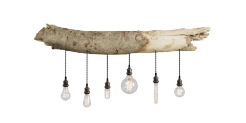 Wood Slab Pendant Chandelier. Rustic Hanging Lighting For Dining Room. Decorative antique edison style filament light bulbs. Realistic vintage glowing light bulbs