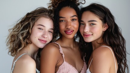 Three young women with different hair colors and styles wearing sleeveless tops smiling and posing closely together against a neutral background. - obrazy, fototapety, plakaty