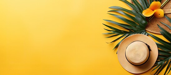 A hat placed among palm leaves on a bright yellow background, creating a summery and tropical...