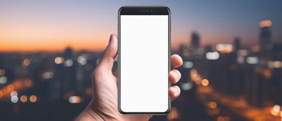 Mockup of a hand holding mobile phone with blank white screen over blurred cityscape background