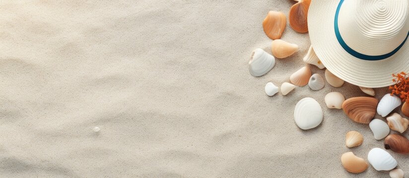 Close-up of a stylish sun hat, beach bag, and assorted sea shells spread out on a sandy beach, creating a perfect summer holiday vibe with space for text