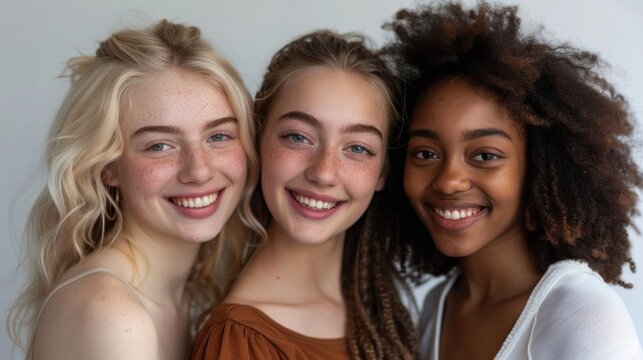 Three young women with different hair colors and textures smiling and posing closely together showcasing diversity and friendship.